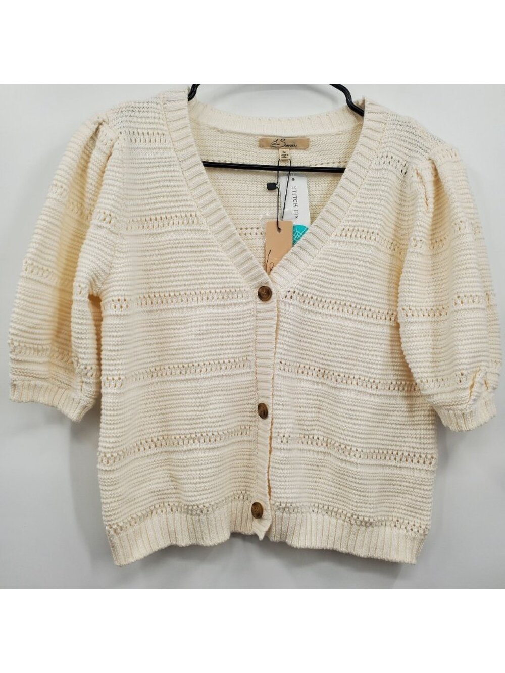 Les Serein Textured Short Sleeve Cardigan Women Size Medium NWT Off White